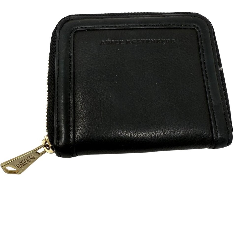 Aimee Kestenberg Wallet Black Leather Compact Zip Around Gold-Tone Zipper Small